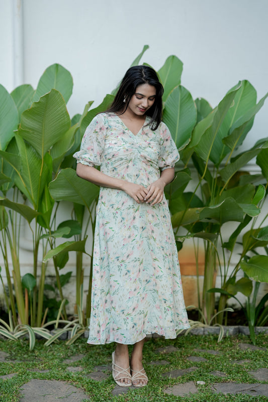 A Light Green floral Chinnon dress