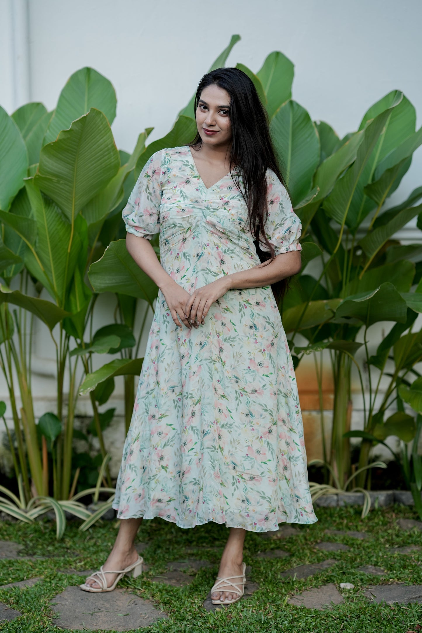 A Light Green floral Chinnon dress