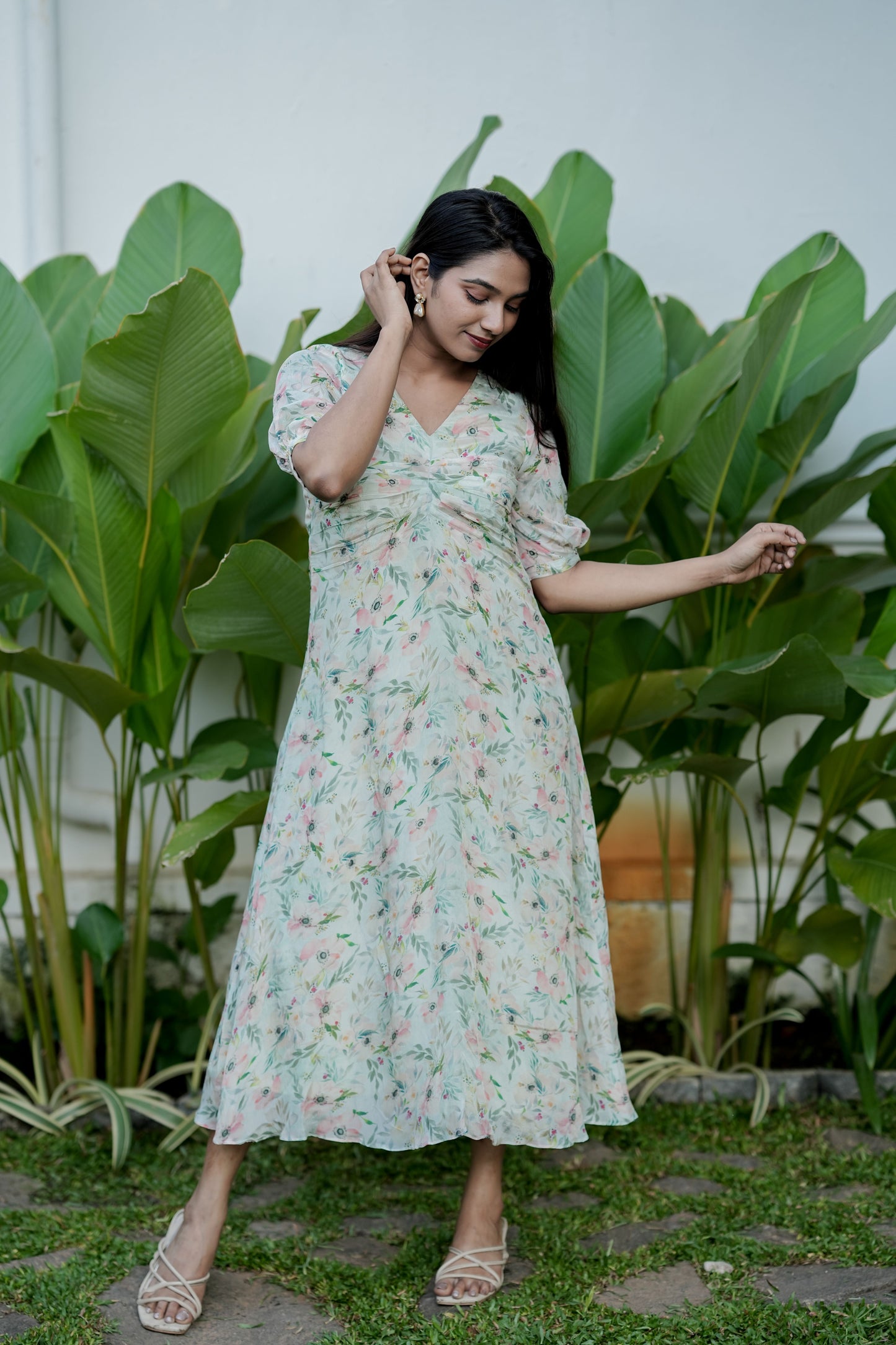 A Light Green floral Chinnon dress