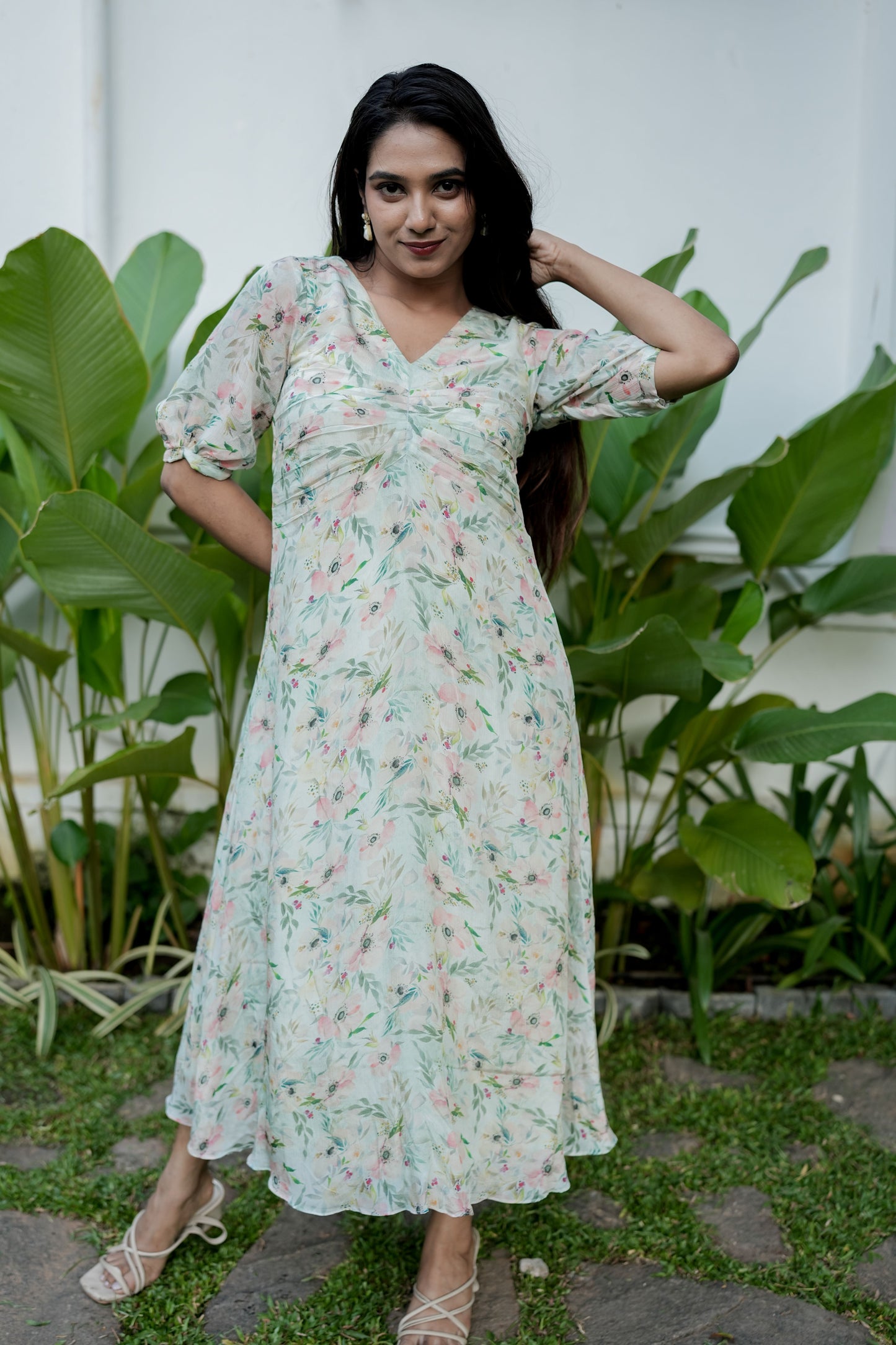 A Light Green floral Chinnon dress