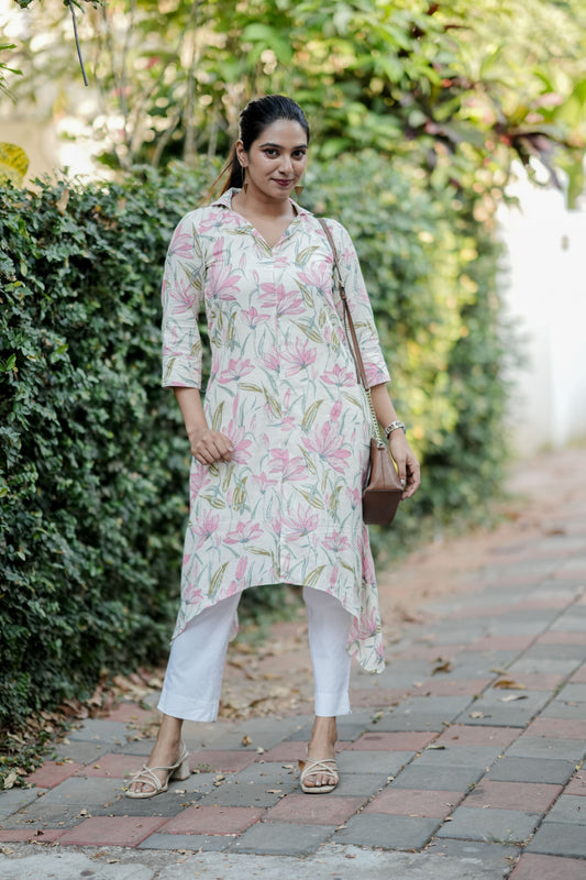 Offwhite & Pink Flower Kantha dress