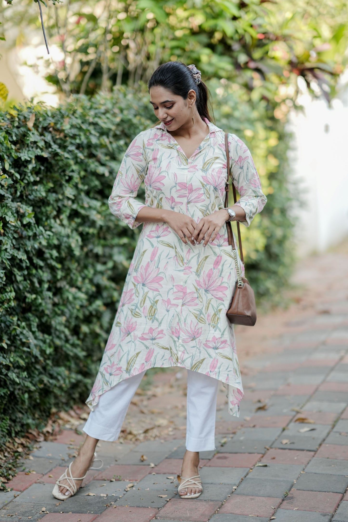 Offwhite & Pink Flower Kantha dress