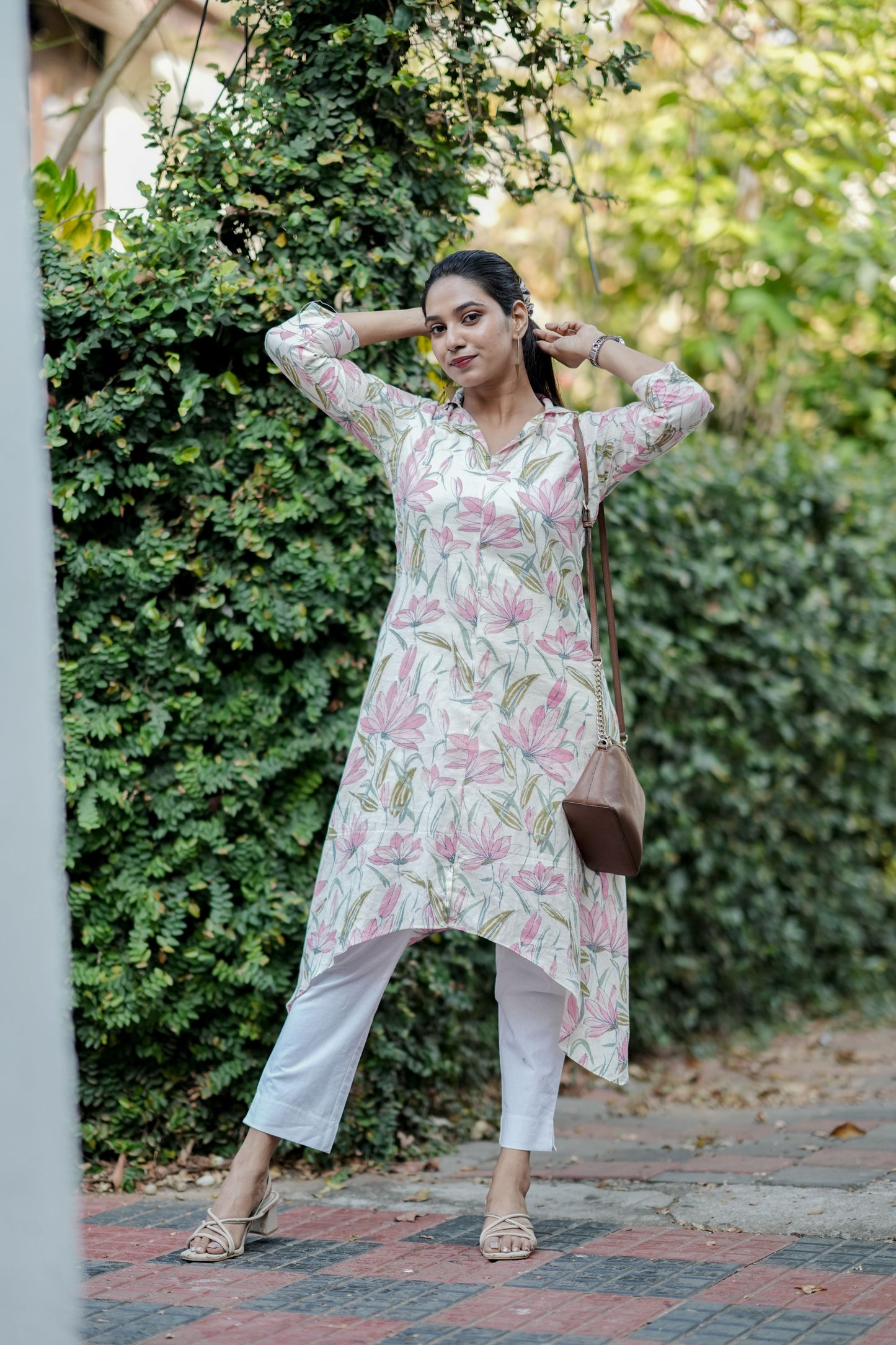 Offwhite & Pink Flower Kantha dress