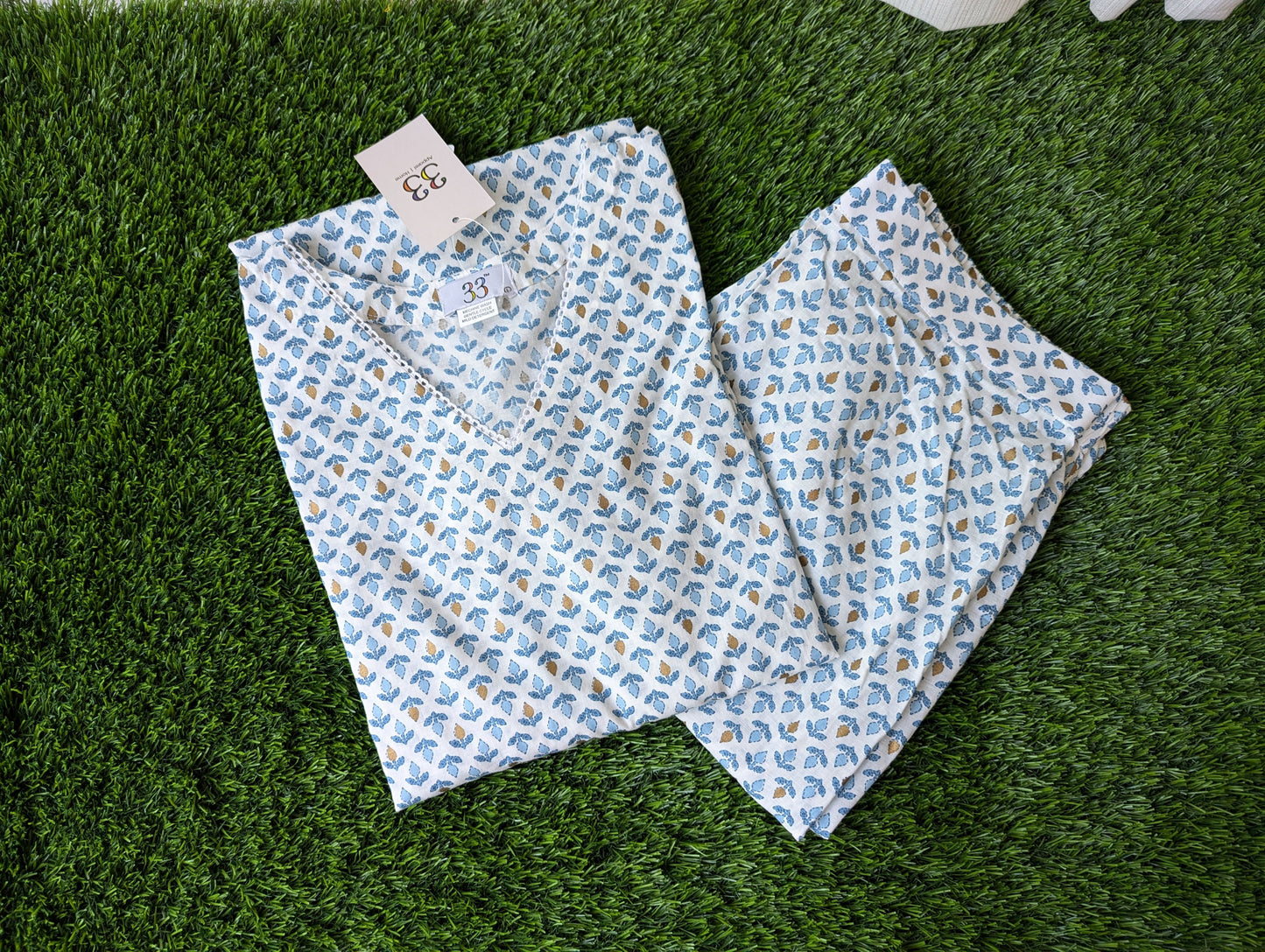 White and Blue Cotton Co-Ord Set