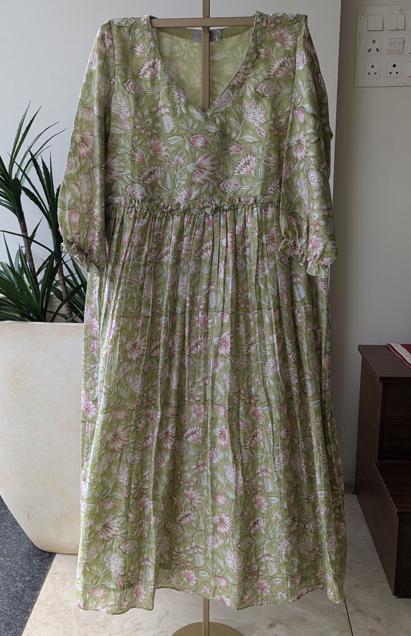 Green And Pink Floral Chanderi Dress