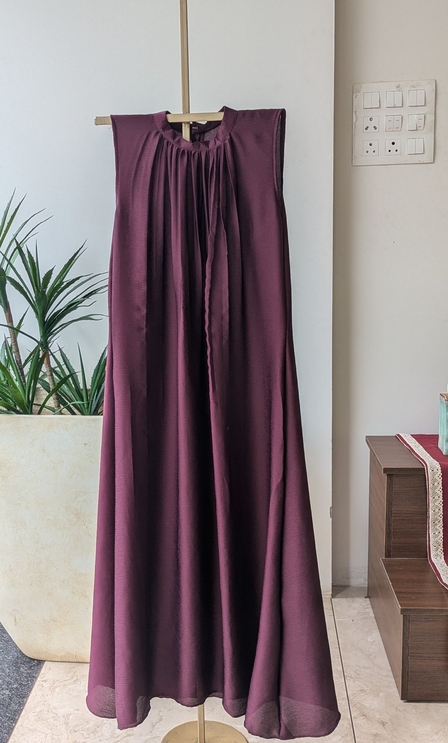 Wine Color Crushed Satin Aline Dress