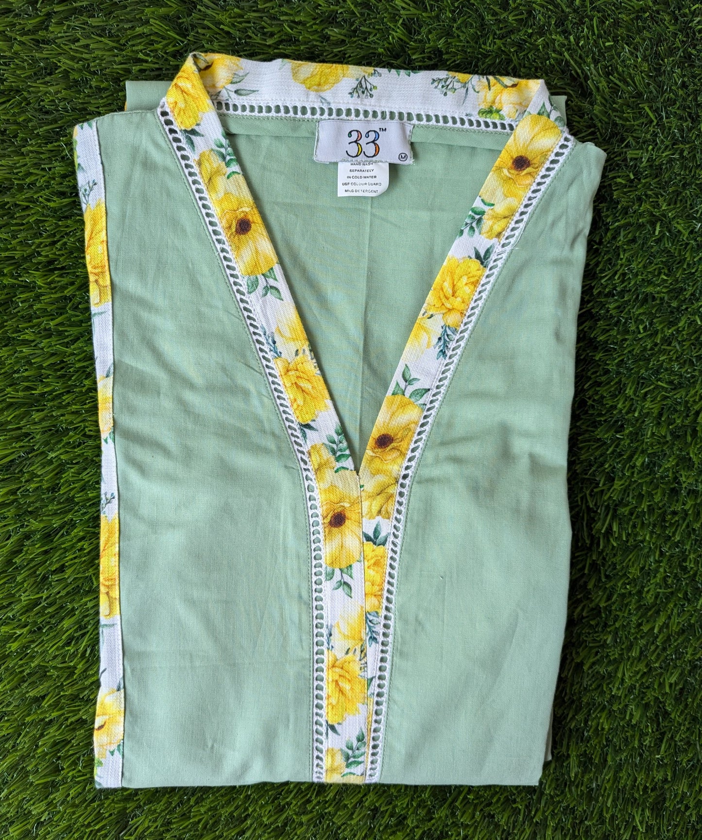 Green Mul cotton v Neck Yellow Border Kurti