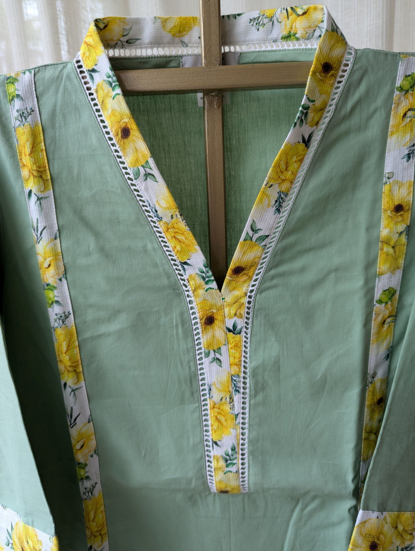 Green Mul cotton v Neck Yellow Border Kurti