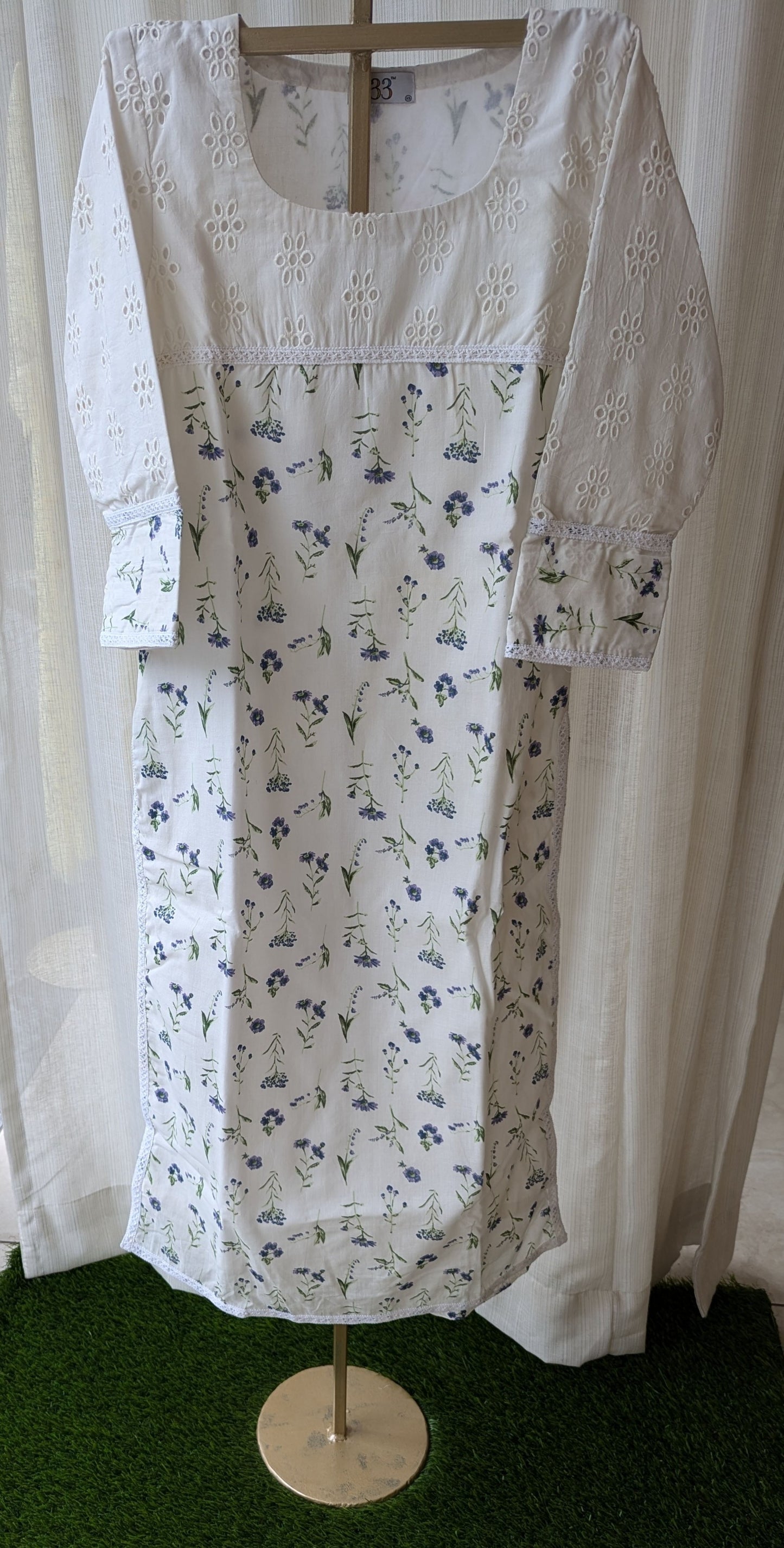 White Hakoba And Blue Floral Kurti