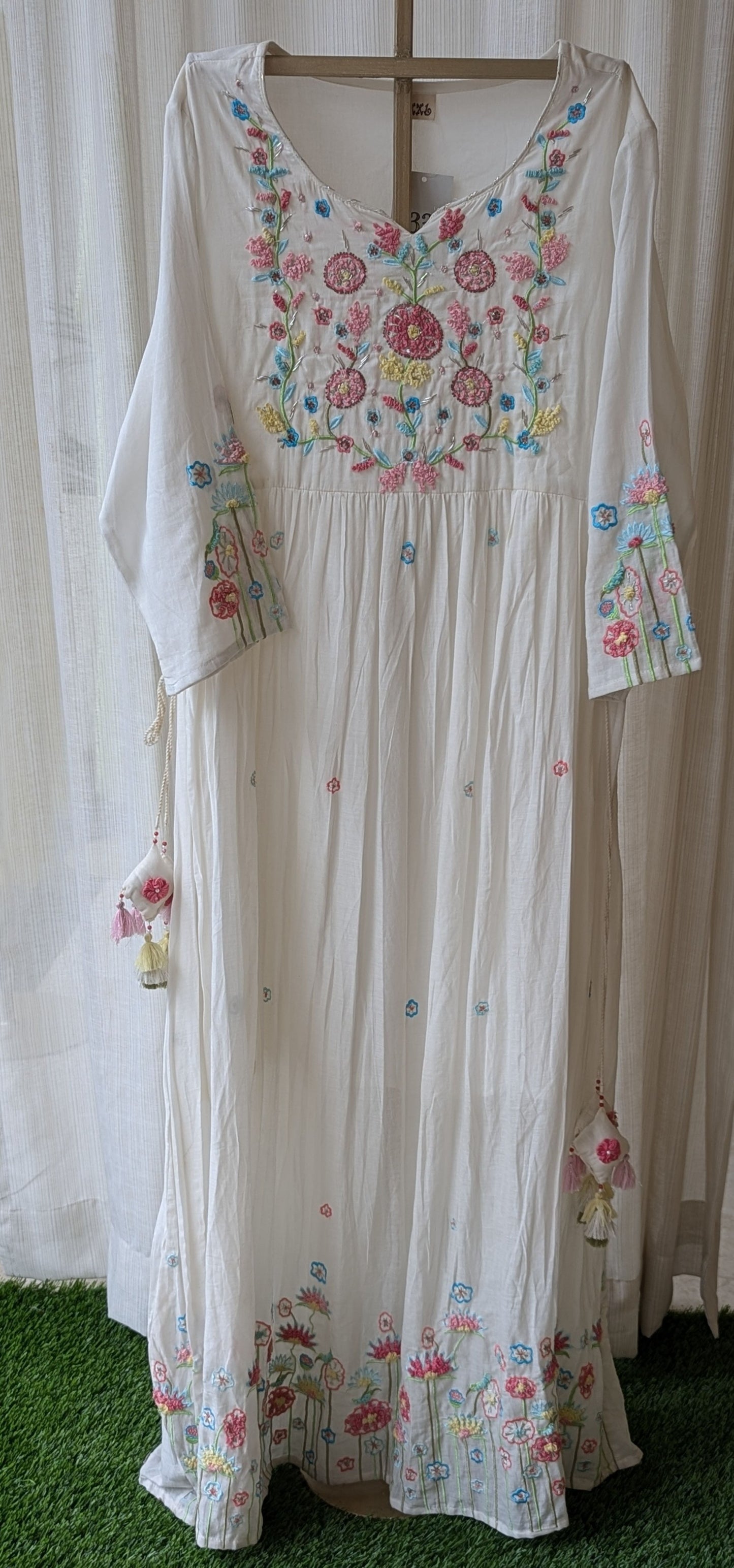 Mul Cotton White Multi Embroidery Dress