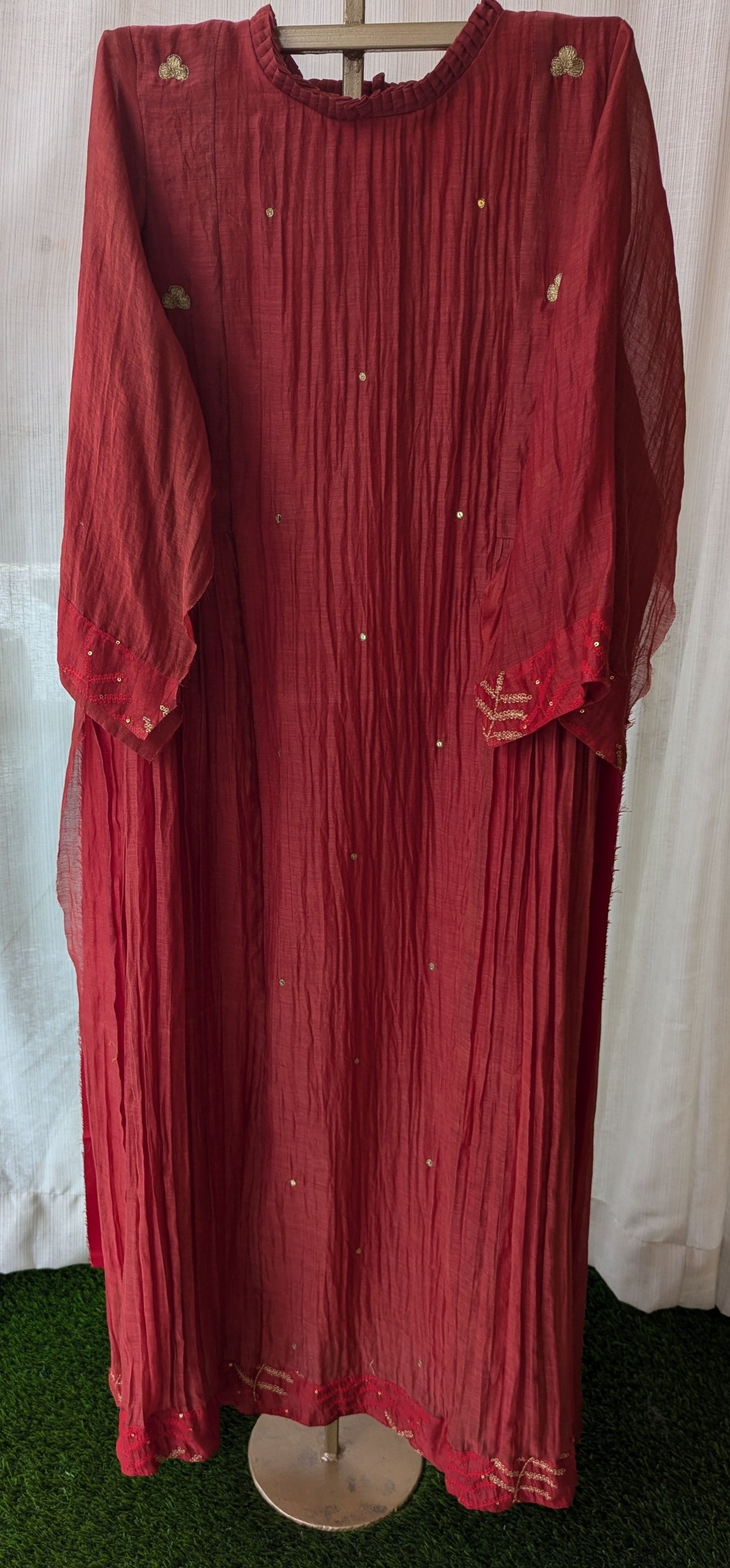 Red Chanderi Hand Work Semi Party Wear Top