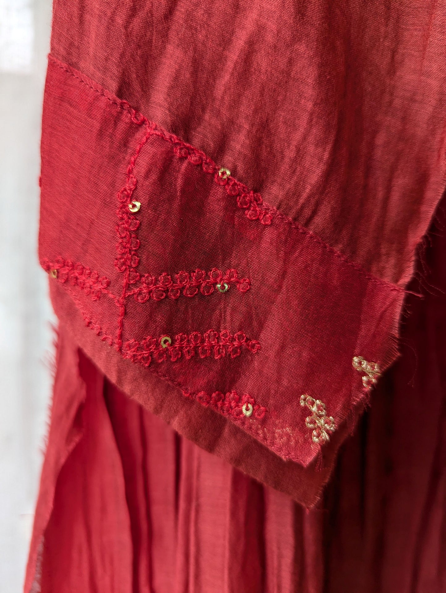 Red Chanderi Hand Work Semi Party Wear Top