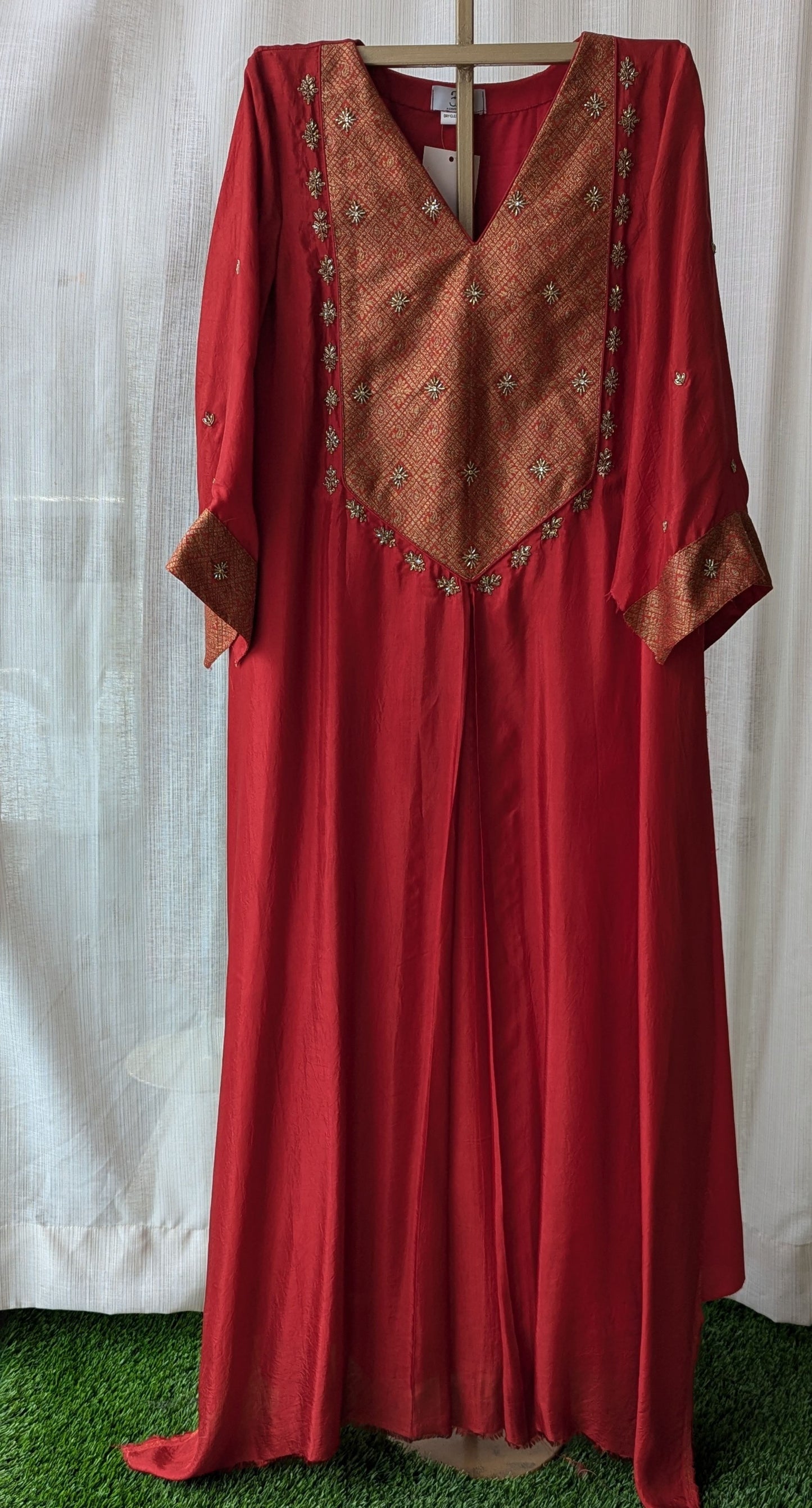 Red Malai Satin Hand Work Semi Party Wear Dress
