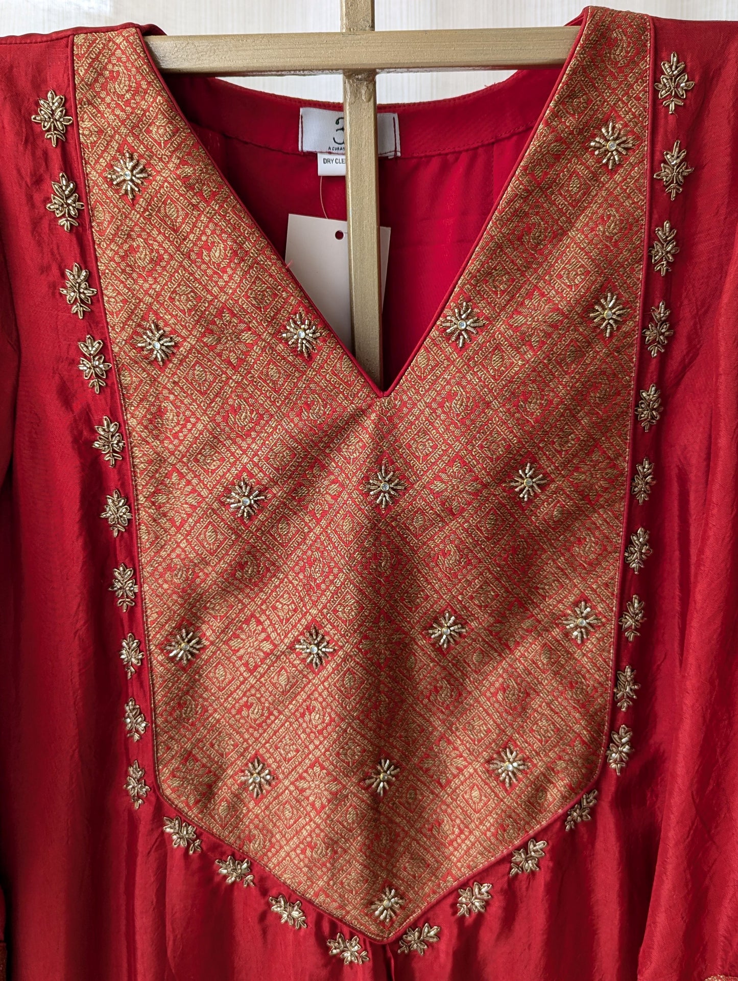 Red Malai Satin Hand Work Semi Party Wear Dress