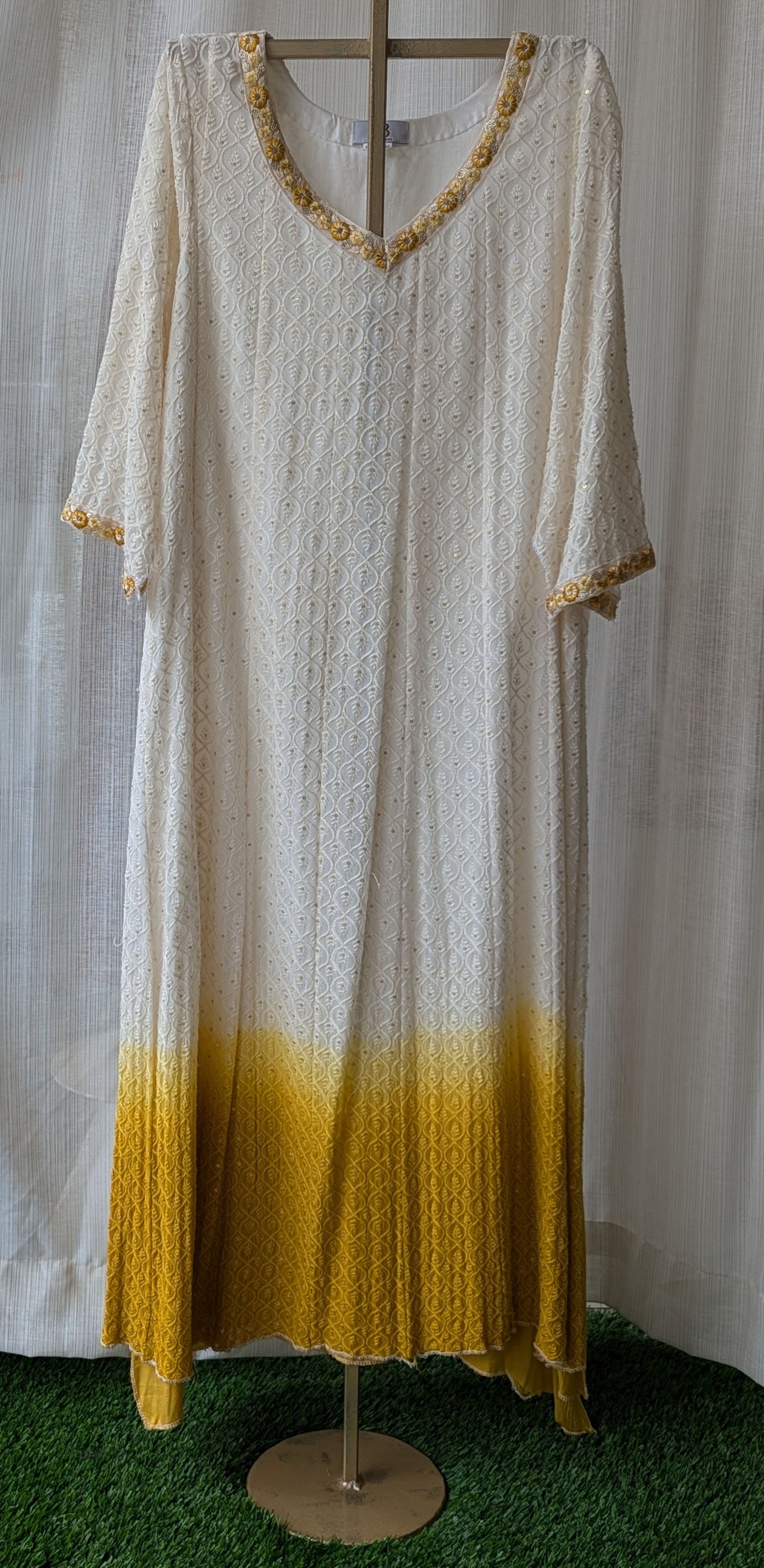 White And Yellow Double shade Chikankari Semi Party Wear Top