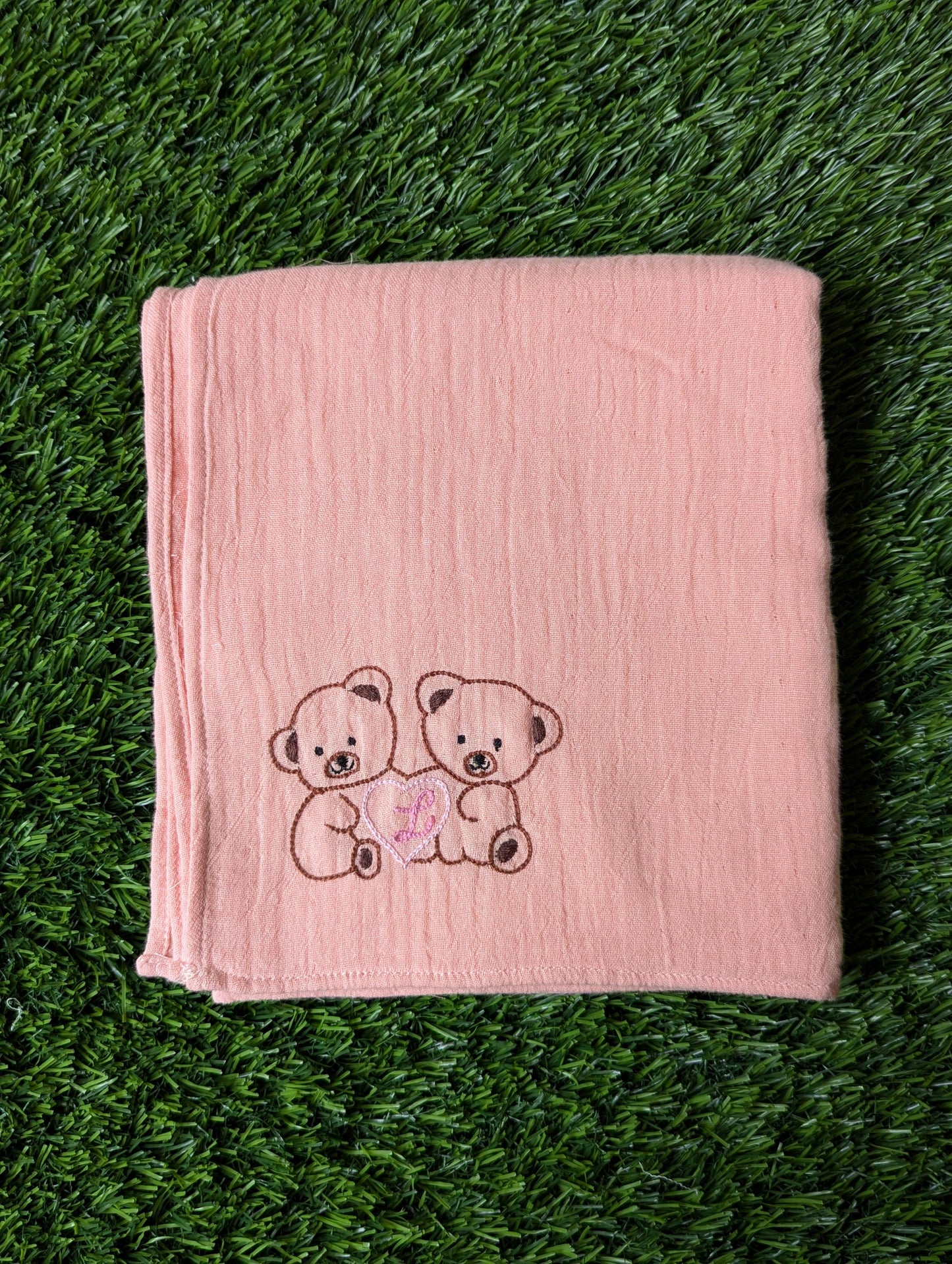 New Born Muslin Peach Swaddle Embroidery