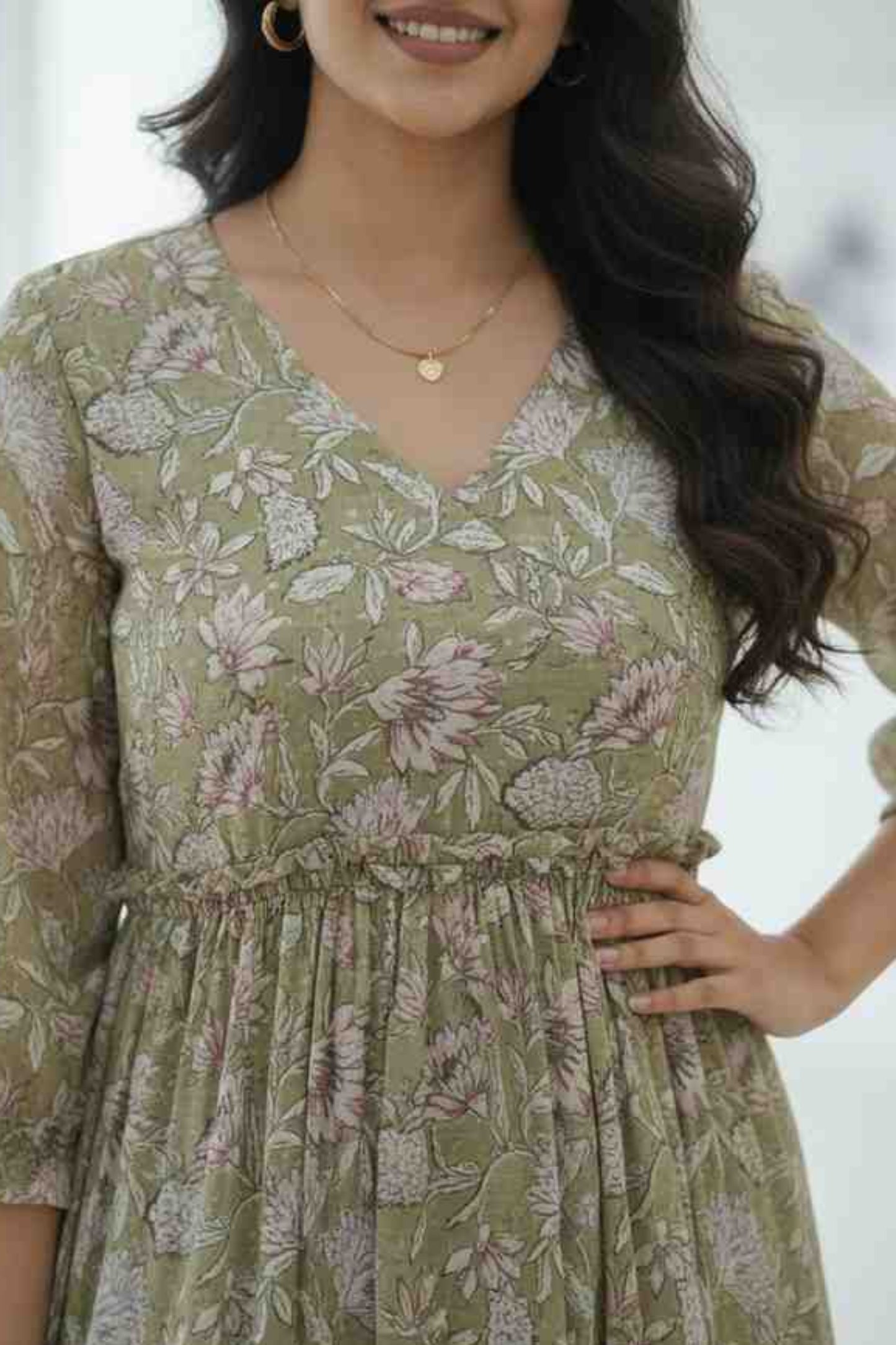 Green And Pink Floral Chanderi Dress