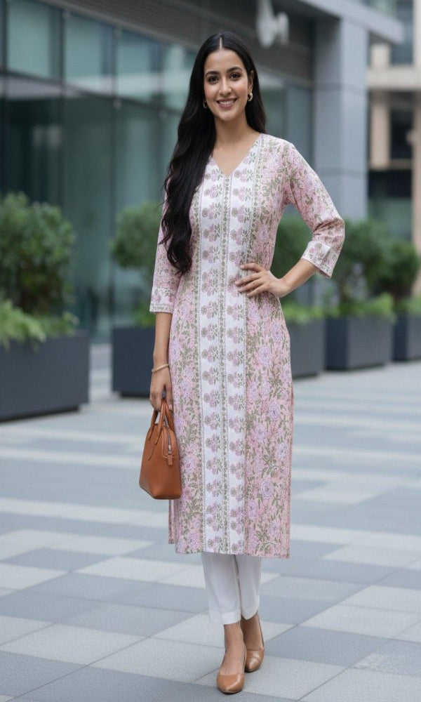 Pink And White Floral Cotton Kurti