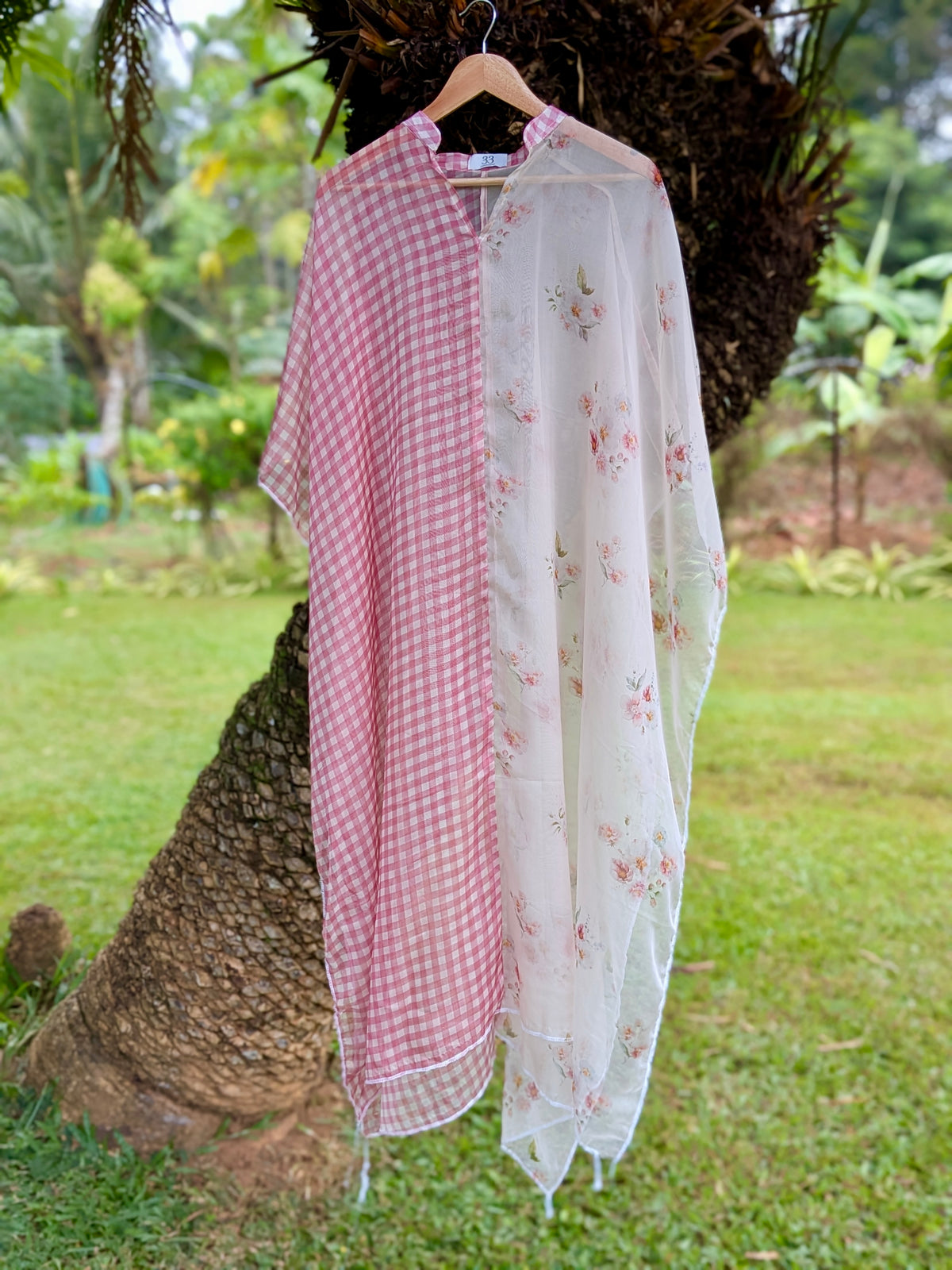 Pink checks organza Kaftan