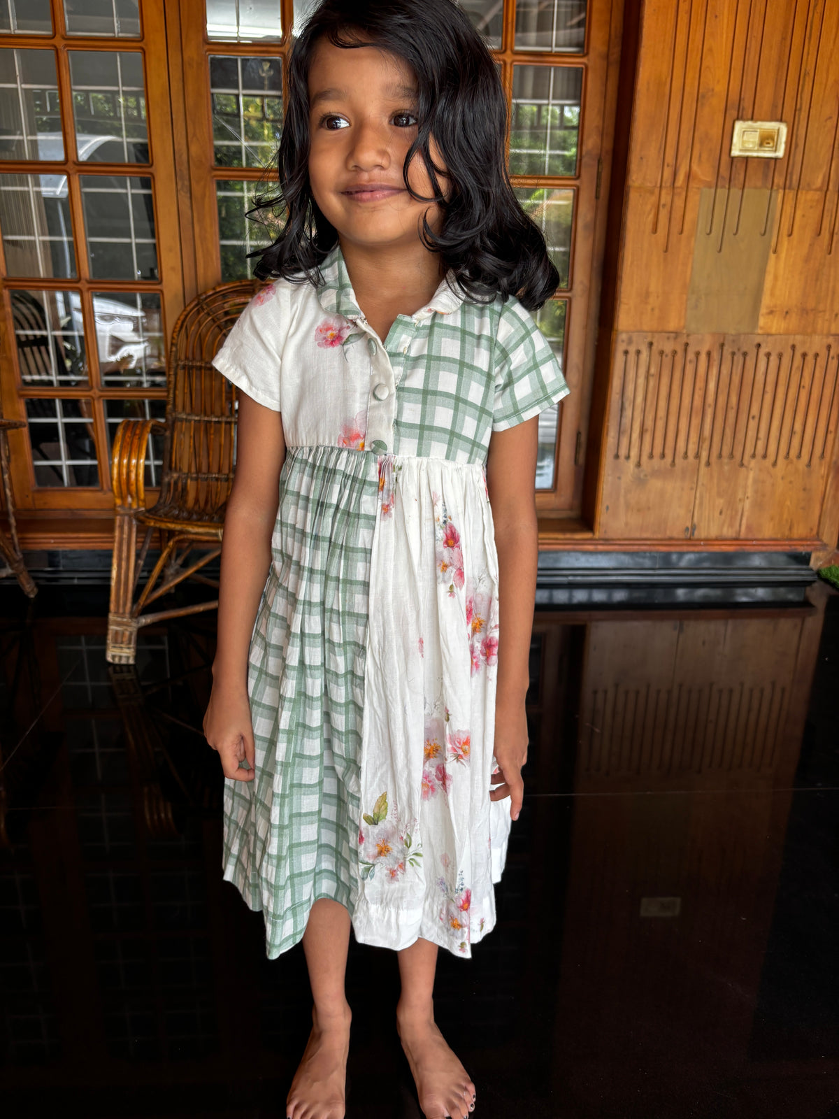 Green checks shirt dress