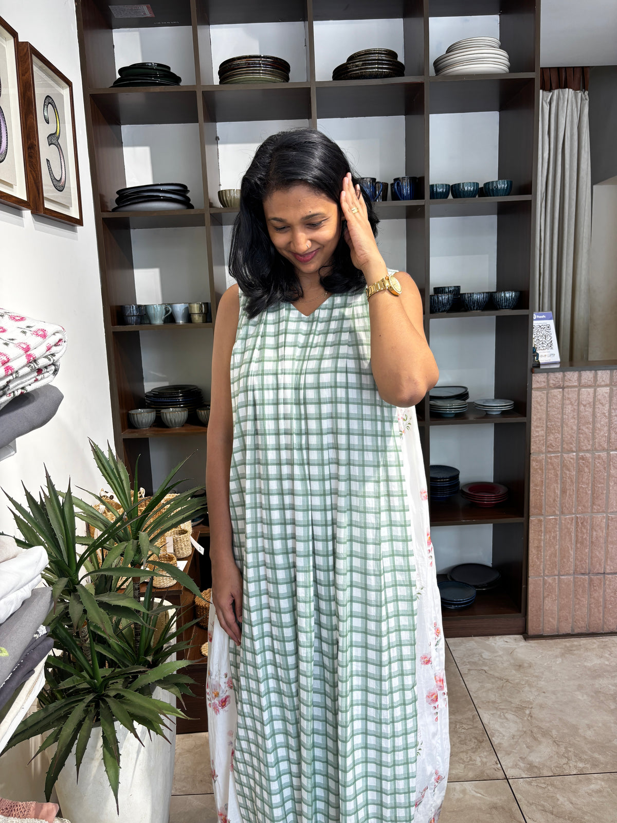 Green checks & floral pleated dress