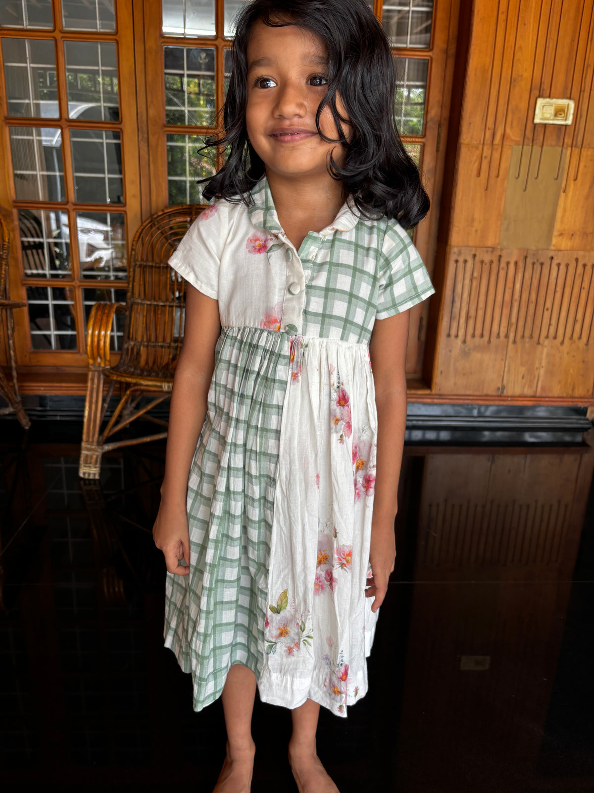 Green checks shirt dress