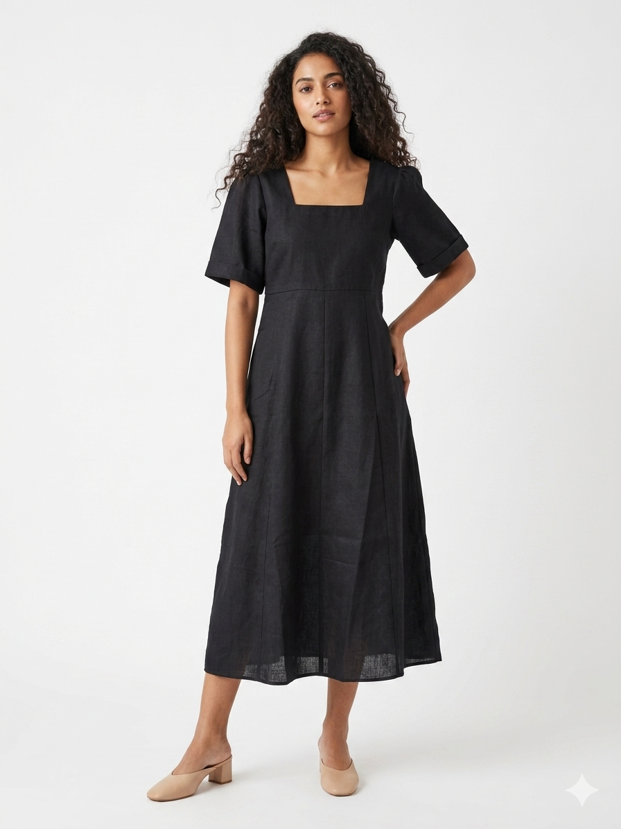 The Black Cotton Linen Panel Dress