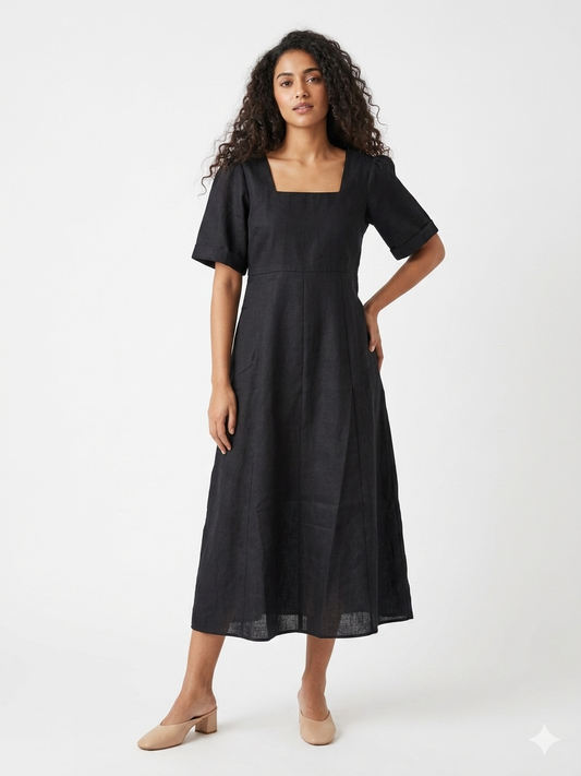 The Black Cotton Linen Panel Dress