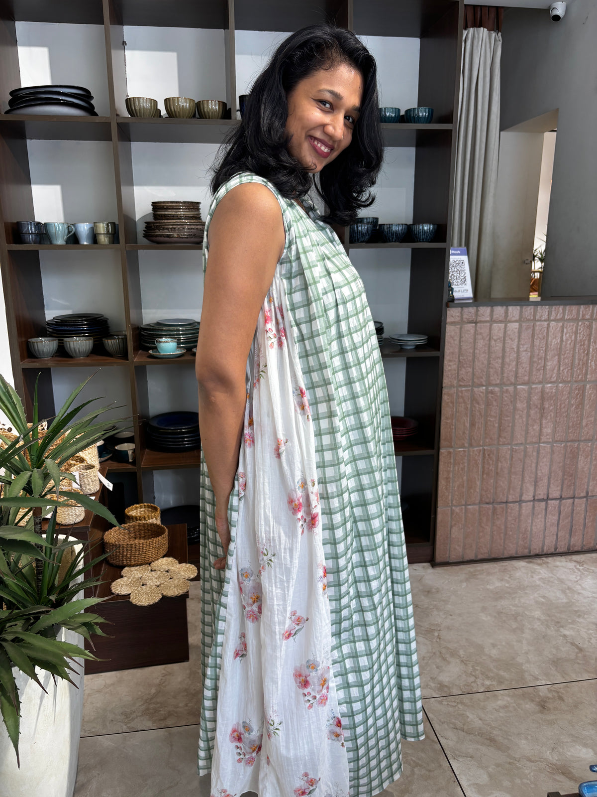 Green checks & floral pleated dress