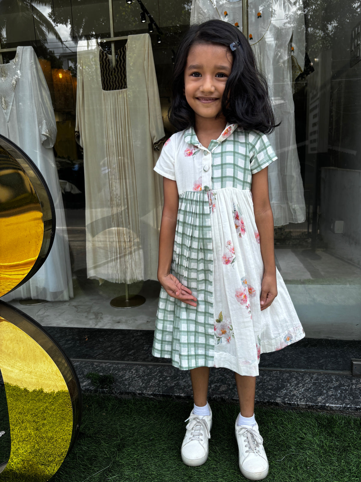 Green checks shirt dress