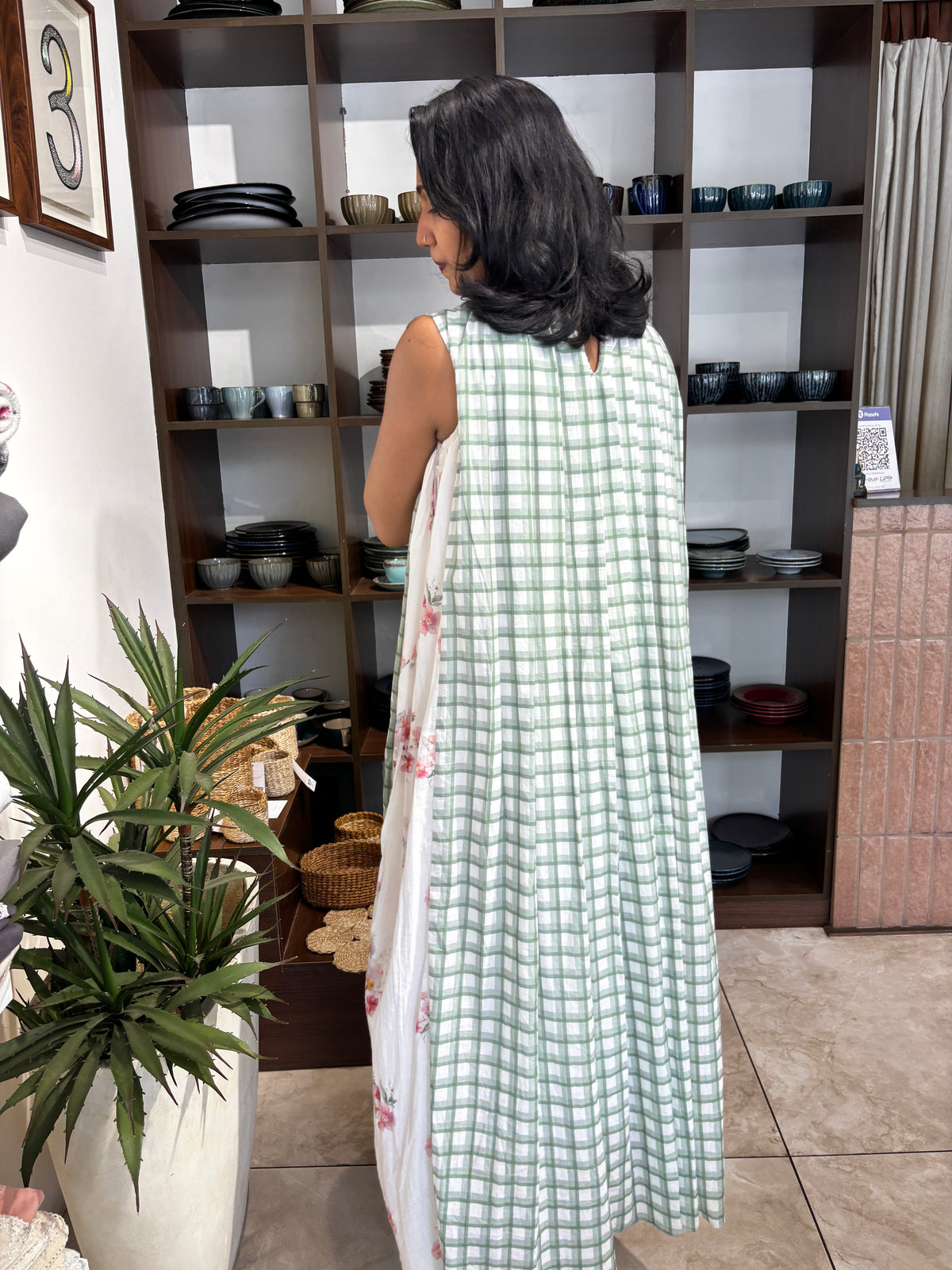 Green checks & floral pleated dress