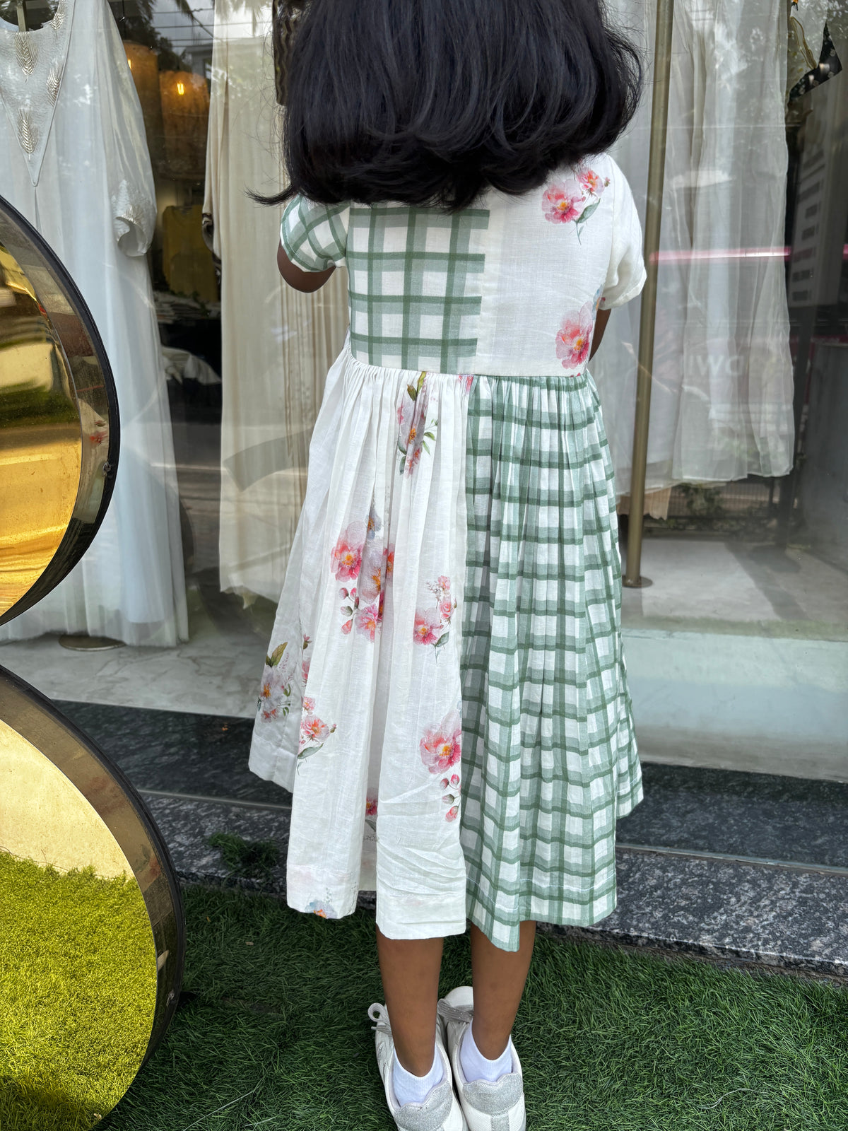 Green checks shirt dress