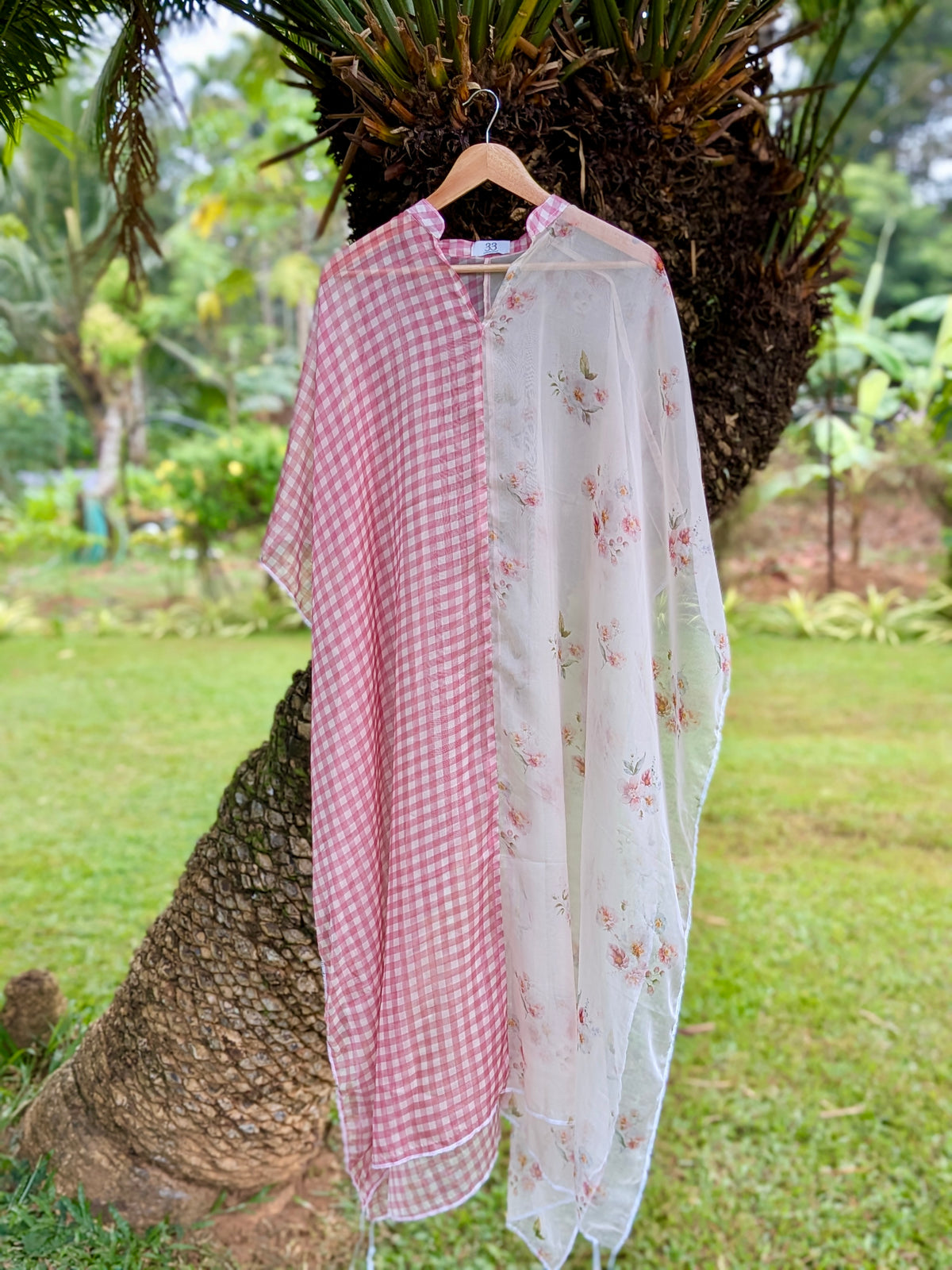 Pink checks organza Kaftan