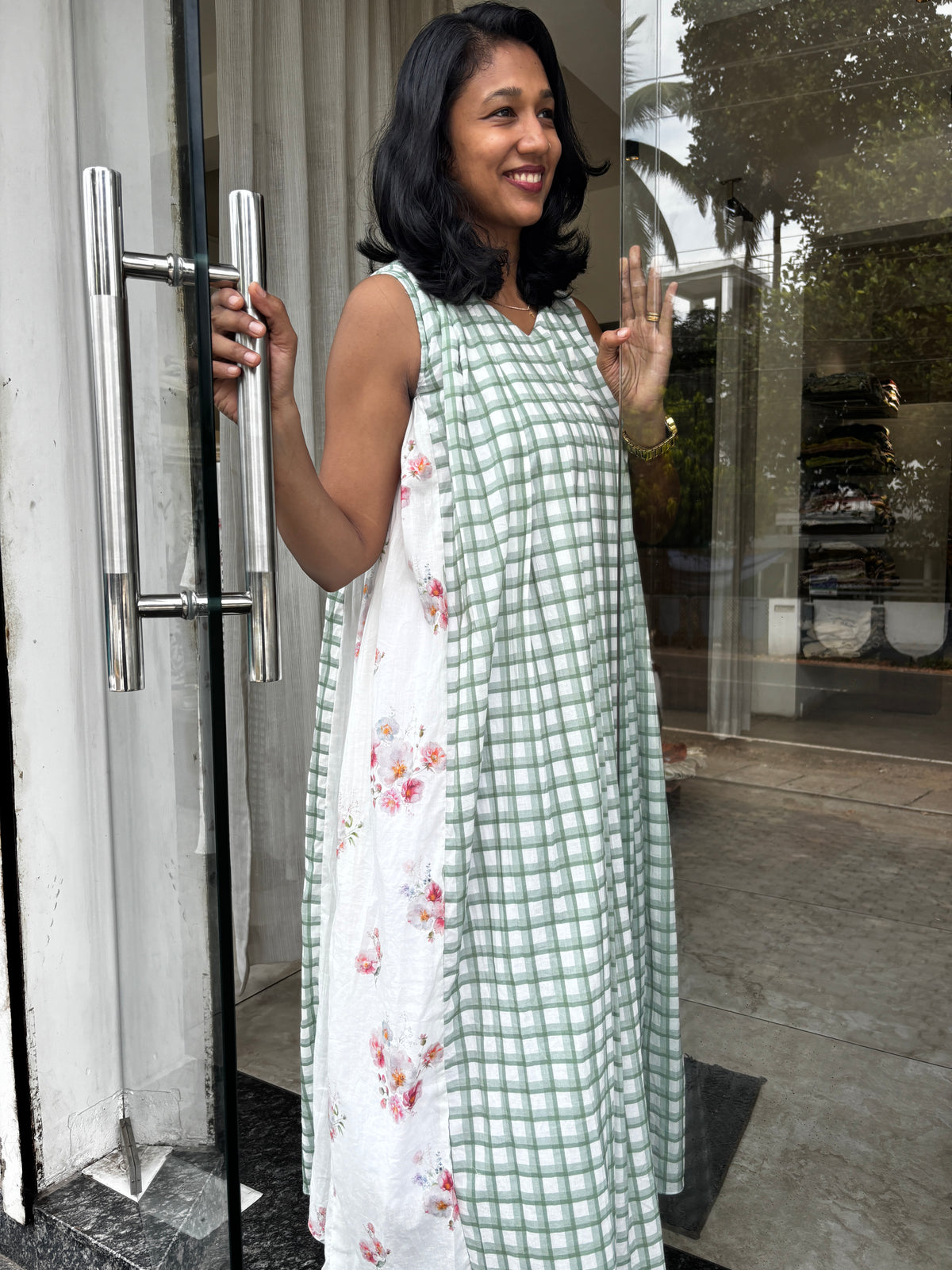 Green checks & floral pleated dress