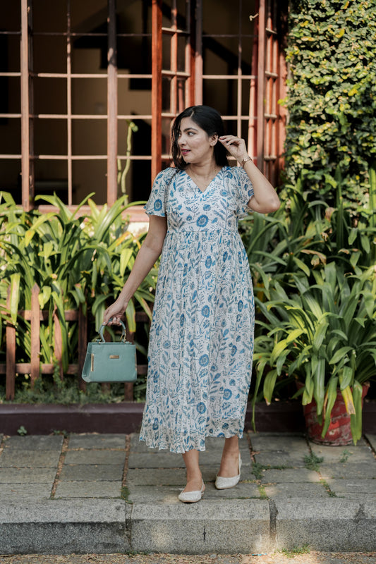 Blue Printed Chinon Dress