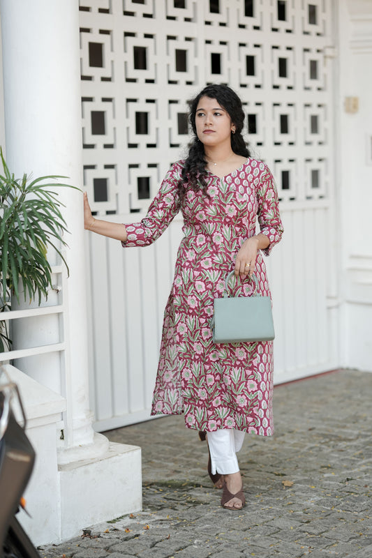 Red  Floral MulCotton Kurti
