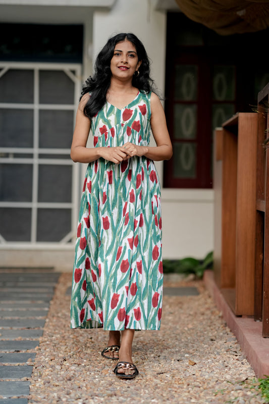 Green and Red Flower  Alia Cut Dress