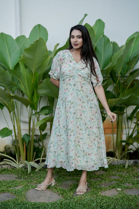 A Light Green floral Chinnon dress