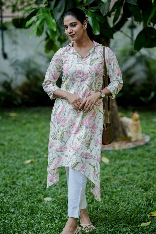 Offwhite & Pink Flower Kantha dress
