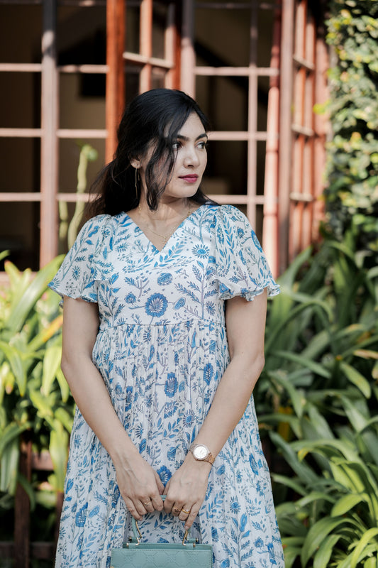 Blue Printed Chinon Dress