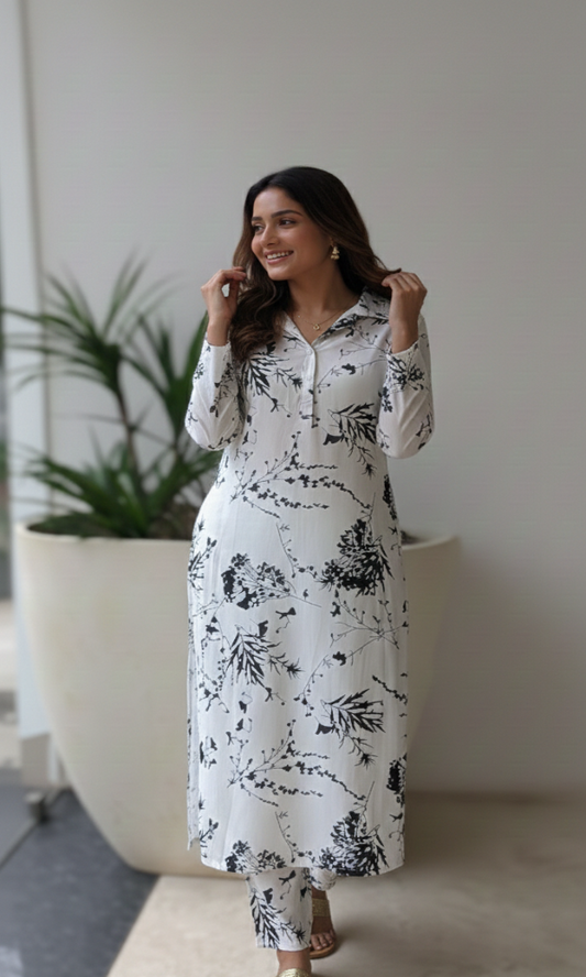 Black And White Rayon Co-Ord Set