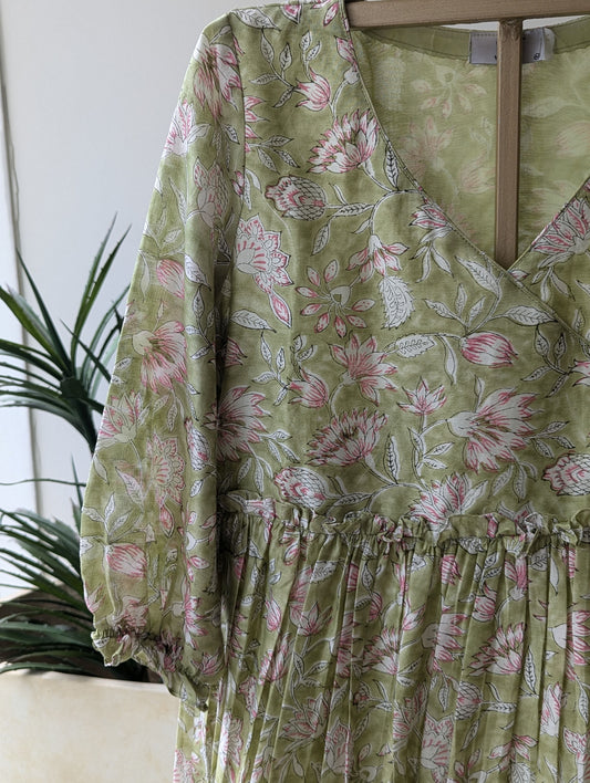 Green And Pink Floral Chanderi Dress