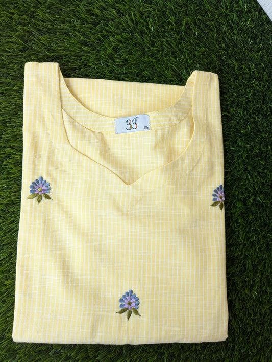 Handloom Cotton Yellow Embroidery Kurti