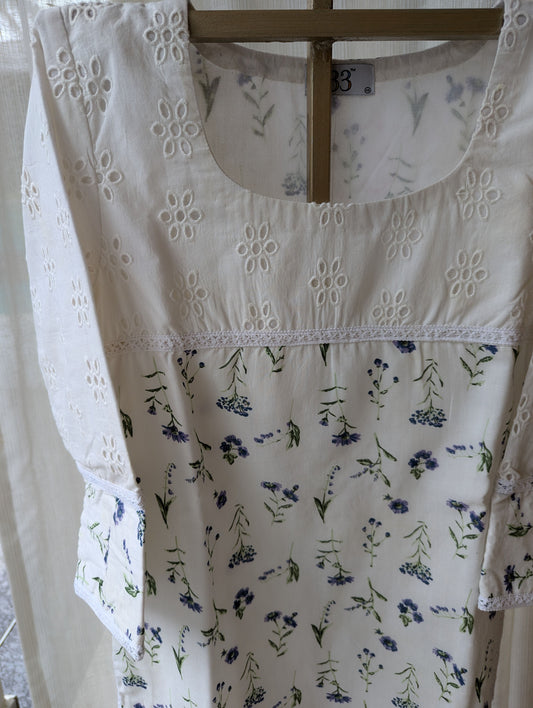 White Hakoba And Blue Floral Kurti