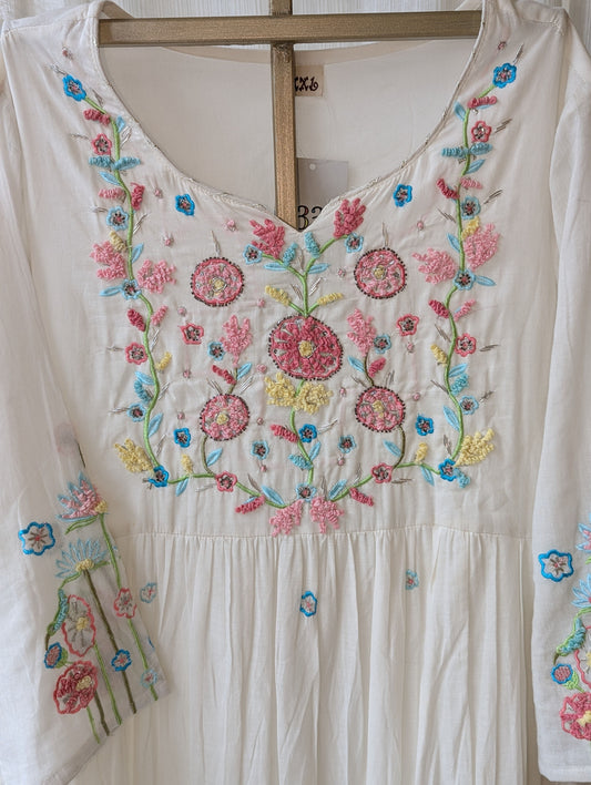 Mul Cotton White Multi Embroidery Dress