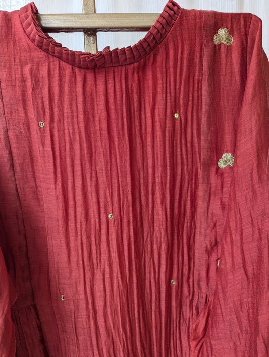 Red Chanderi Hand Work Semi Party Wear Top