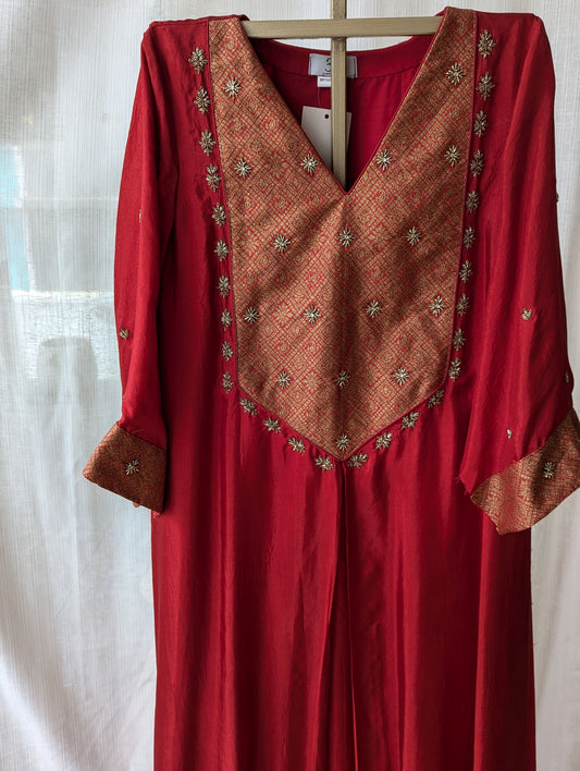 Red Malai Satin Hand Work Semi Party Wear Dress