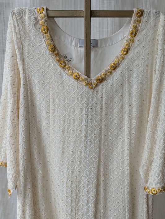 White And Yellow Double shade Chikankari Semi Party Wear Top