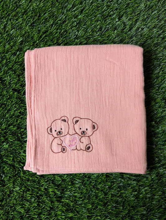 New Born Muslin Peach Swaddle Embroidery