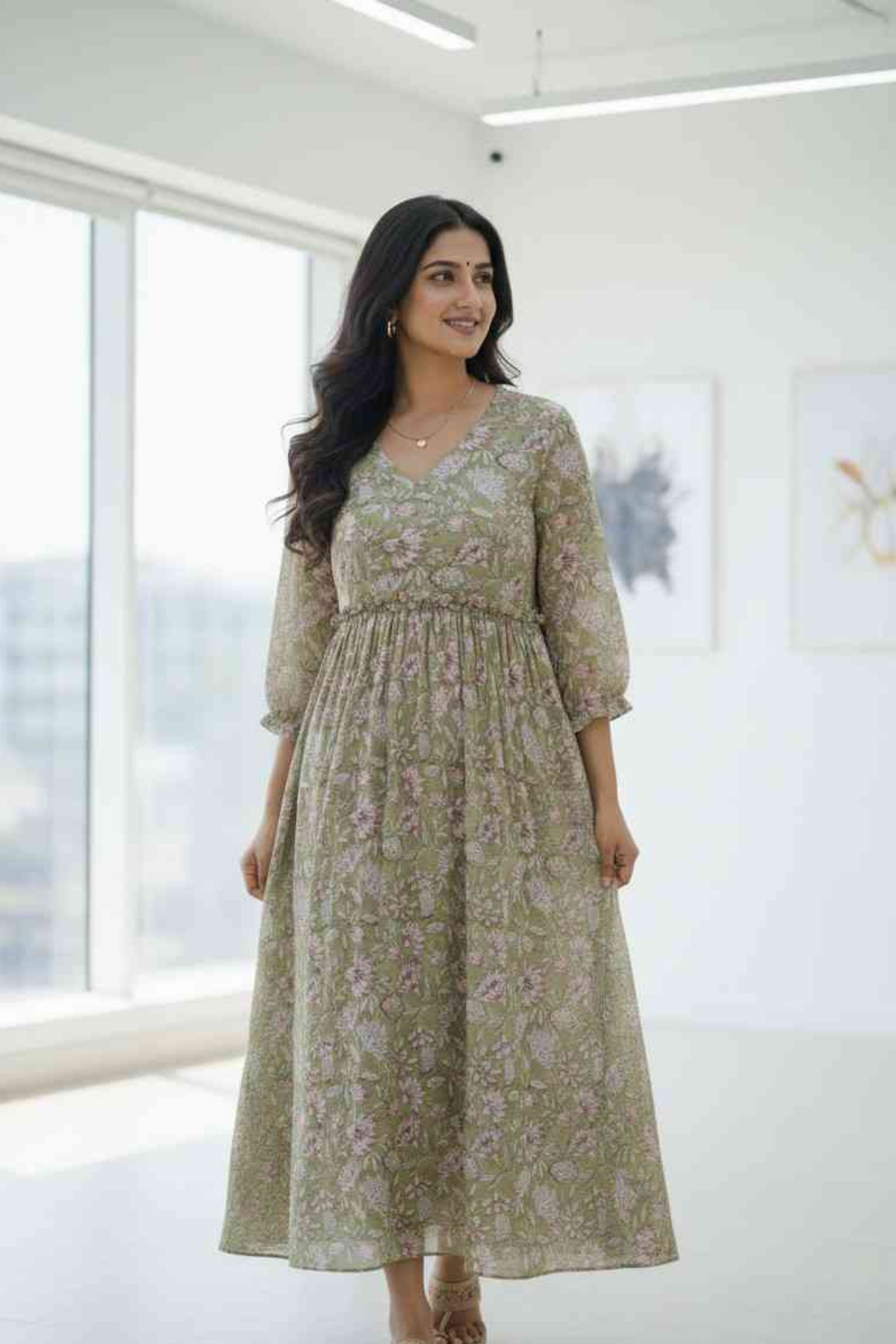 Green And Pink Floral Chanderi Dress